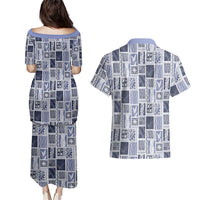 Vintage Aloha Block Quilt Couples Matching Puletasi and Hawaiian Shirt Blue Inspired Lei Motifs LT9 - Polynesian Pride