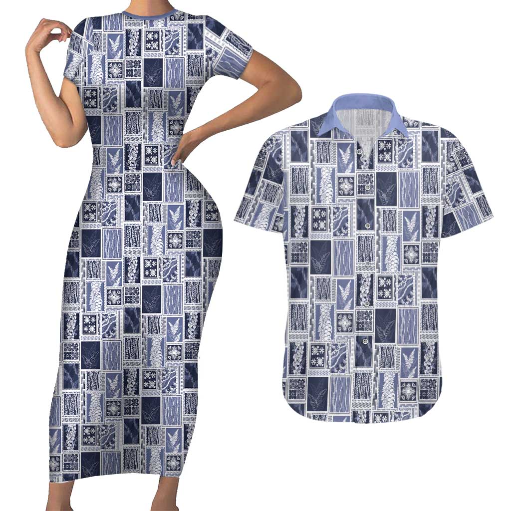 Vintage Aloha Block Quilt Couples Matching Short Sleeve Bodycon Dress and Hawaiian Shirt Blue Inspired Lei Motifs - Polynesian Pride