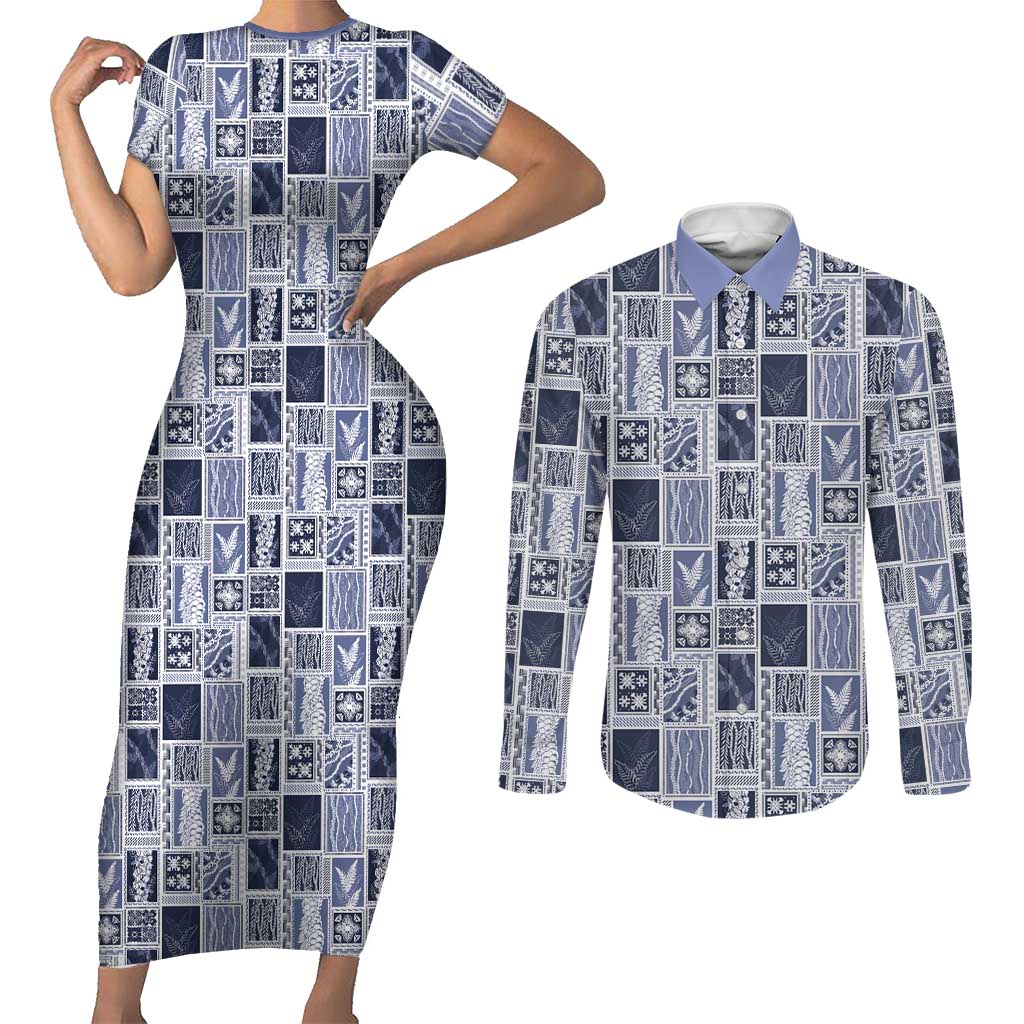 Vintage Aloha Block Quilt Couples Matching Short Sleeve Bodycon Dress and Long Sleeve Button Shirt Blue Inspired Lei Motifs - Polynesian Pride