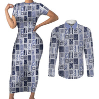 Vintage Aloha Block Quilt Couples Matching Short Sleeve Bodycon Dress and Long Sleeve Button Shirt Blue Inspired Lei Motifs - Polynesian Pride