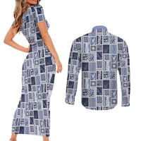 Vintage Aloha Block Quilt Couples Matching Short Sleeve Bodycon Dress and Long Sleeve Button Shirt Blue Inspired Lei Motifs - Polynesian Pride