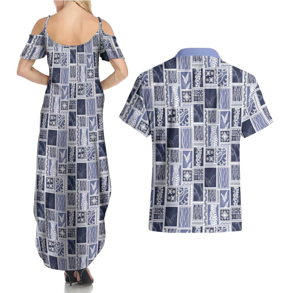 Vintage Aloha Block Quilt Couples Matching Summer Maxi Dress and Hawaiian Shirt Blue Inspired Lei Motifs - Polynesian Pride