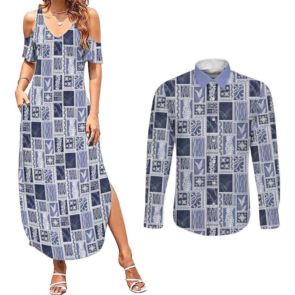 Vintage Aloha Block Quilt Couples Matching Summer Maxi Dress and Long Sleeve Button Shirt Blue Inspired Lei Motifs - Polynesian Pride