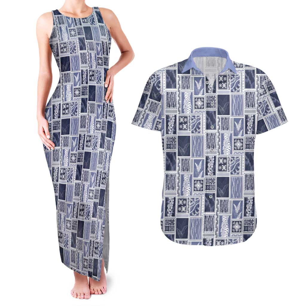 Vintage Aloha Block Quilt Couples Matching Tank Maxi Dress and Hawaiian Shirt Blue Inspired Lei Motifs LT9 Blue - Polynesian Pride