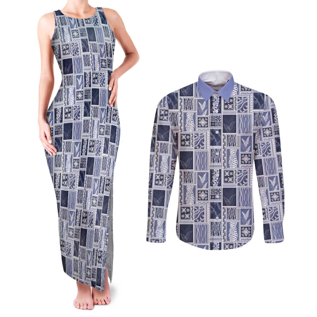 Vintage Aloha Block Quilt Couples Matching Tank Maxi Dress and Long Sleeve Button Shirt Blue Inspired Lei Motifs - Polynesian Pride