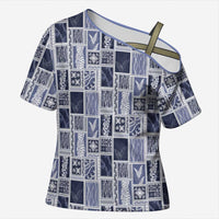Vintage Aloha Block Quilt Cross Shoulder Shirt Blue Inspired Lei Motifs LT9 Female Blue - Polynesian Pride