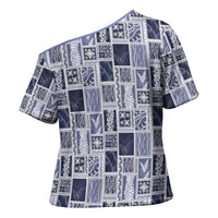 Vintage Aloha Block Quilt Cross Shoulder Shirt Blue Inspired Lei Motifs LT9 - Polynesian Pride