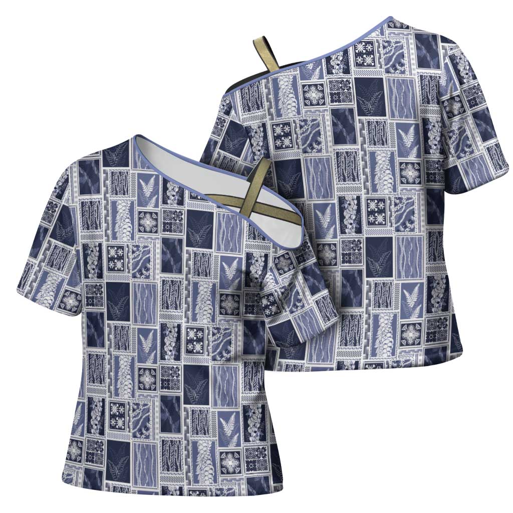 Vintage Aloha Block Quilt Cross Shoulder Shirt Blue Inspired Lei Motifs LT9 - Polynesian Pride
