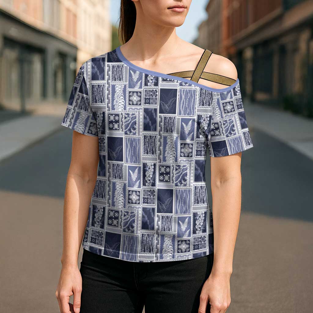 Vintage Aloha Block Quilt Cross Shoulder Shirt Blue Inspired Lei Motifs LT9 - Polynesian Pride
