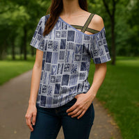 Vintage Aloha Block Quilt Cross Shoulder Shirt Blue Inspired Lei Motifs LT9 - Polynesian Pride