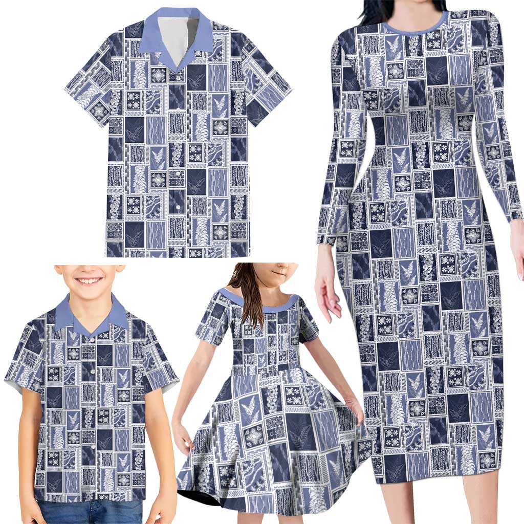 Vintage Aloha Block Quilt Family Matching Long Sleeve Bodycon Dress and Hawaiian Shirt Blue Inspired Lei Motifs LT9 - Polynesian Pride