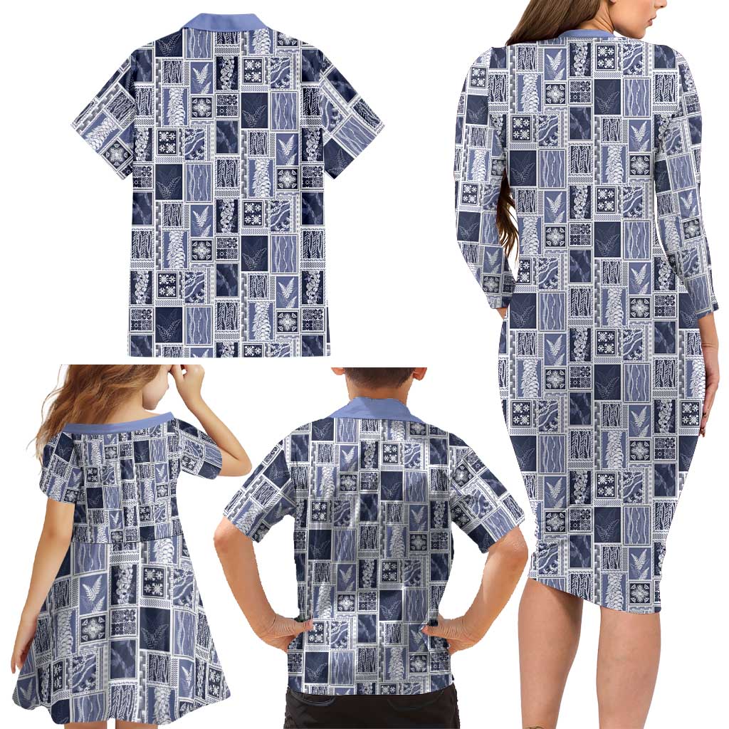 Vintage Aloha Block Quilt Family Matching Long Sleeve Bodycon Dress and Hawaiian Shirt Blue Inspired Lei Motifs LT9 - Polynesian Pride