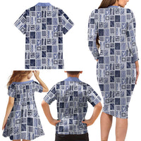 Vintage Aloha Block Quilt Family Matching Long Sleeve Bodycon Dress and Hawaiian Shirt Blue Inspired Lei Motifs LT9 - Polynesian Pride