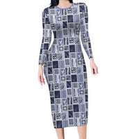 Vintage Aloha Block Quilt Family Matching Long Sleeve Bodycon Dress and Hawaiian Shirt Blue Inspired Lei Motifs LT9 Mom's Dress Blue - Polynesian Pride