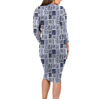 Vintage Aloha Block Quilt Family Matching Long Sleeve Bodycon Dress and Hawaiian Shirt Blue Inspired Lei Motifs LT9 - Polynesian Pride