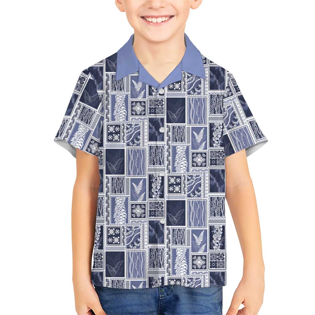 Vintage Aloha Block Quilt Family Matching Long Sleeve Bodycon Dress and Hawaiian Shirt Blue Inspired Lei Motifs LT9 Son's Shirt Blue - Polynesian Pride