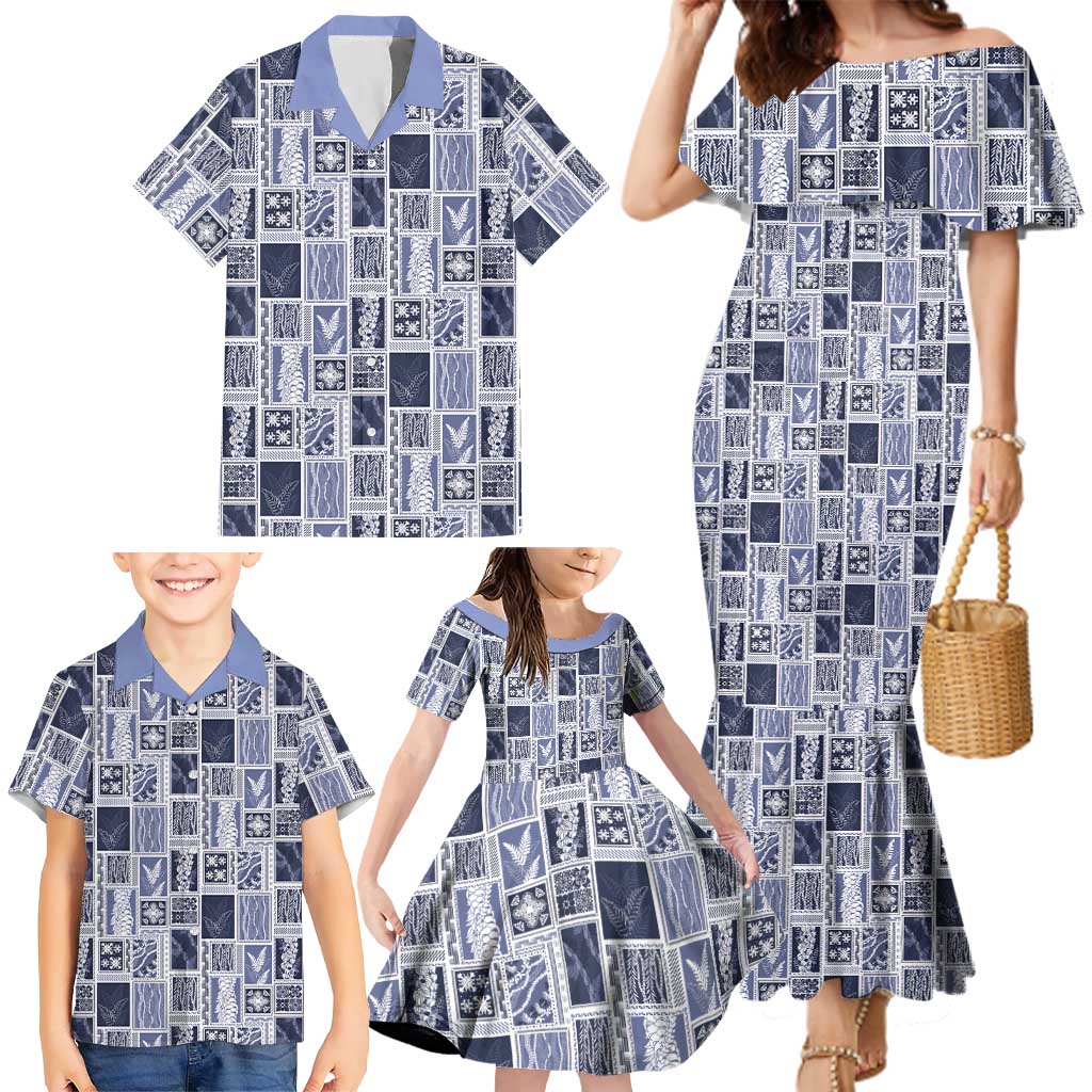 Vintage Aloha Block Quilt Family Matching Mermaid Dress and Hawaiian Shirt Blue Inspired Lei Motifs - Polynesian Pride