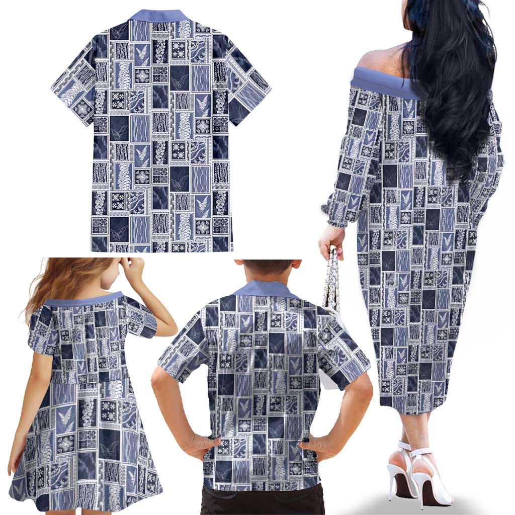 Vintage Aloha Block Quilt Family Matching Off The Shoulder Long Sleeve Dress and Hawaiian Shirt Blue Inspired Lei Motifs LT9 - Polynesian Pride