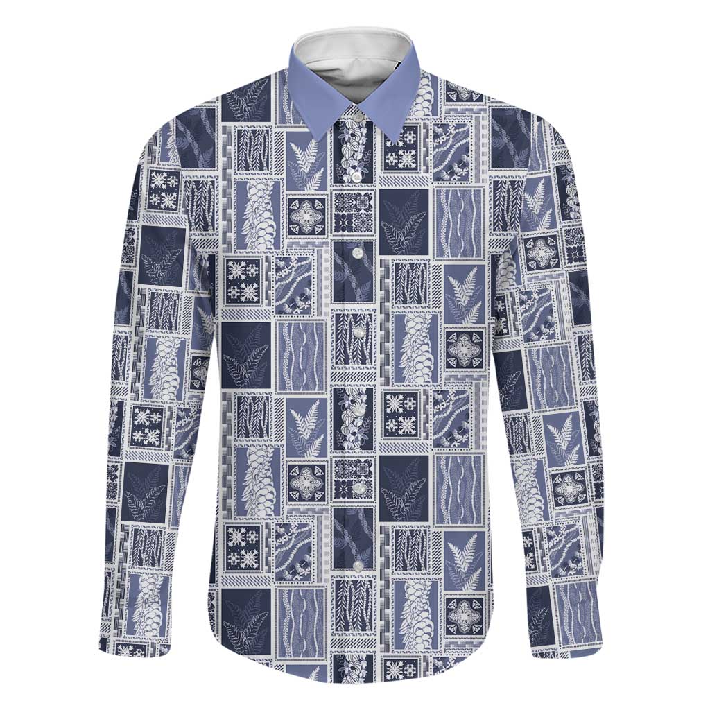 Vintage Aloha Block Quilt Family Matching Off The Shoulder Long Sleeve Dress and Hawaiian Shirt Blue Inspired Lei Motifs LT9 Dad's Shirt - Long Sleeve Blue - Polynesian Pride