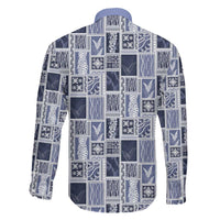 Vintage Aloha Block Quilt Family Matching Off The Shoulder Long Sleeve Dress and Hawaiian Shirt Blue Inspired Lei Motifs LT9 - Polynesian Pride