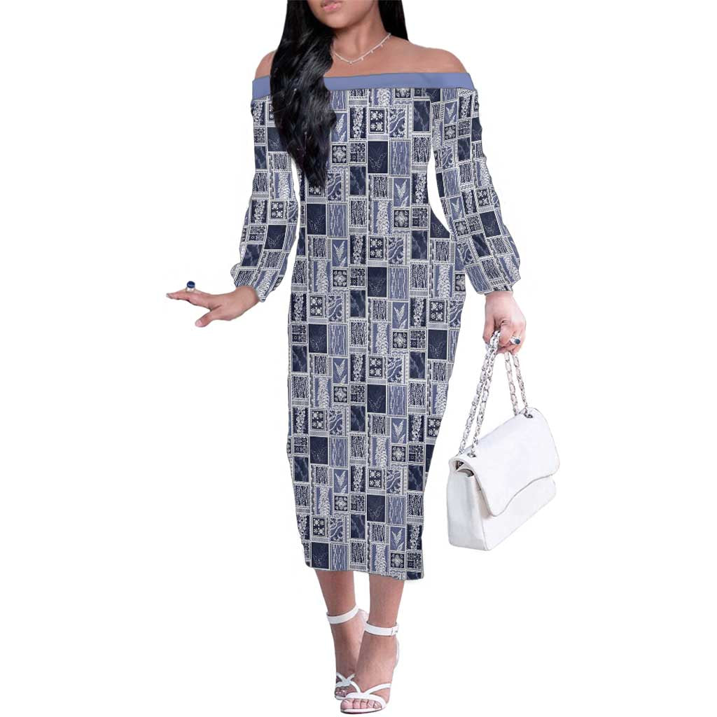 Vintage Aloha Block Quilt Family Matching Off The Shoulder Long Sleeve Dress and Hawaiian Shirt Blue Inspired Lei Motifs LT9 Mom's Dress Blue - Polynesian Pride