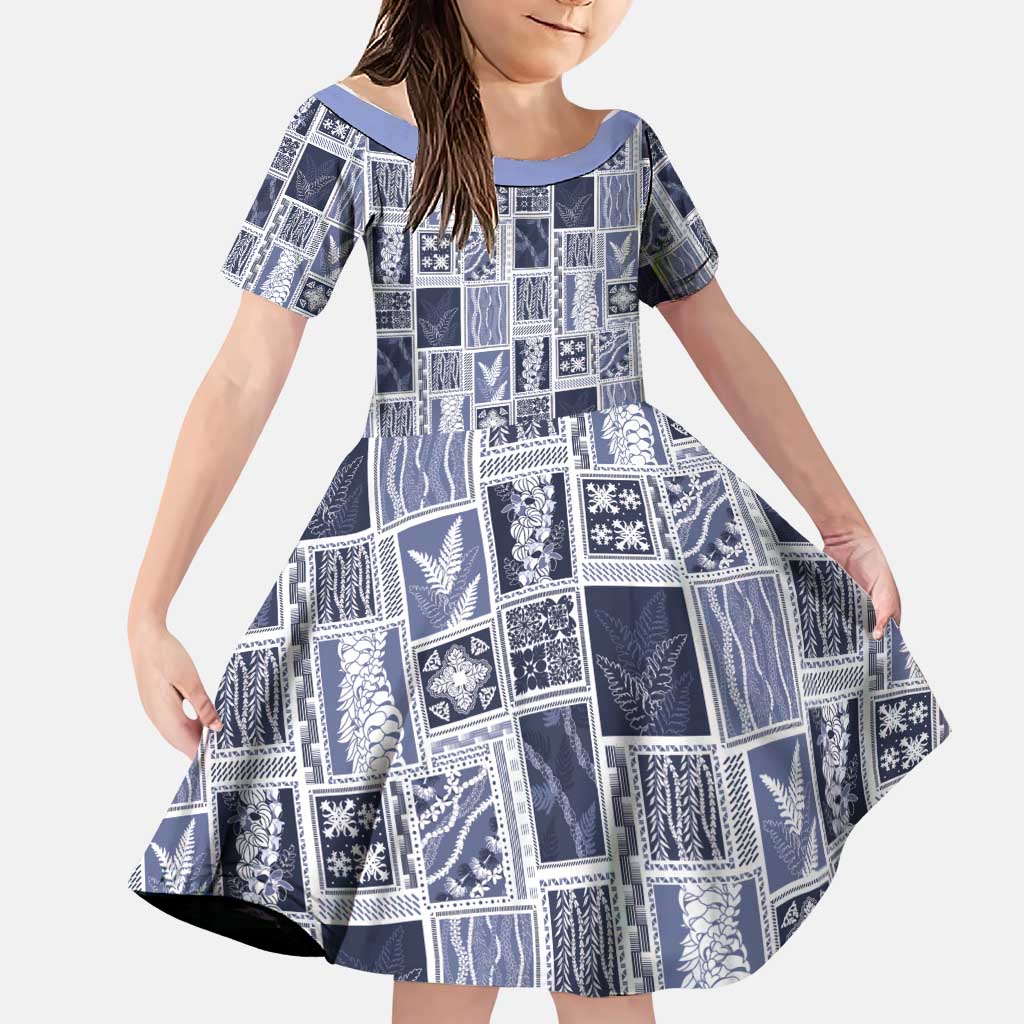 Vintage Aloha Block Quilt Family Matching Off Shoulder Maxi Dress and Hawaiian Shirt Blue Inspired Lei Motifs LT9 Daughter's Dress Blue - Polynesian Pride
