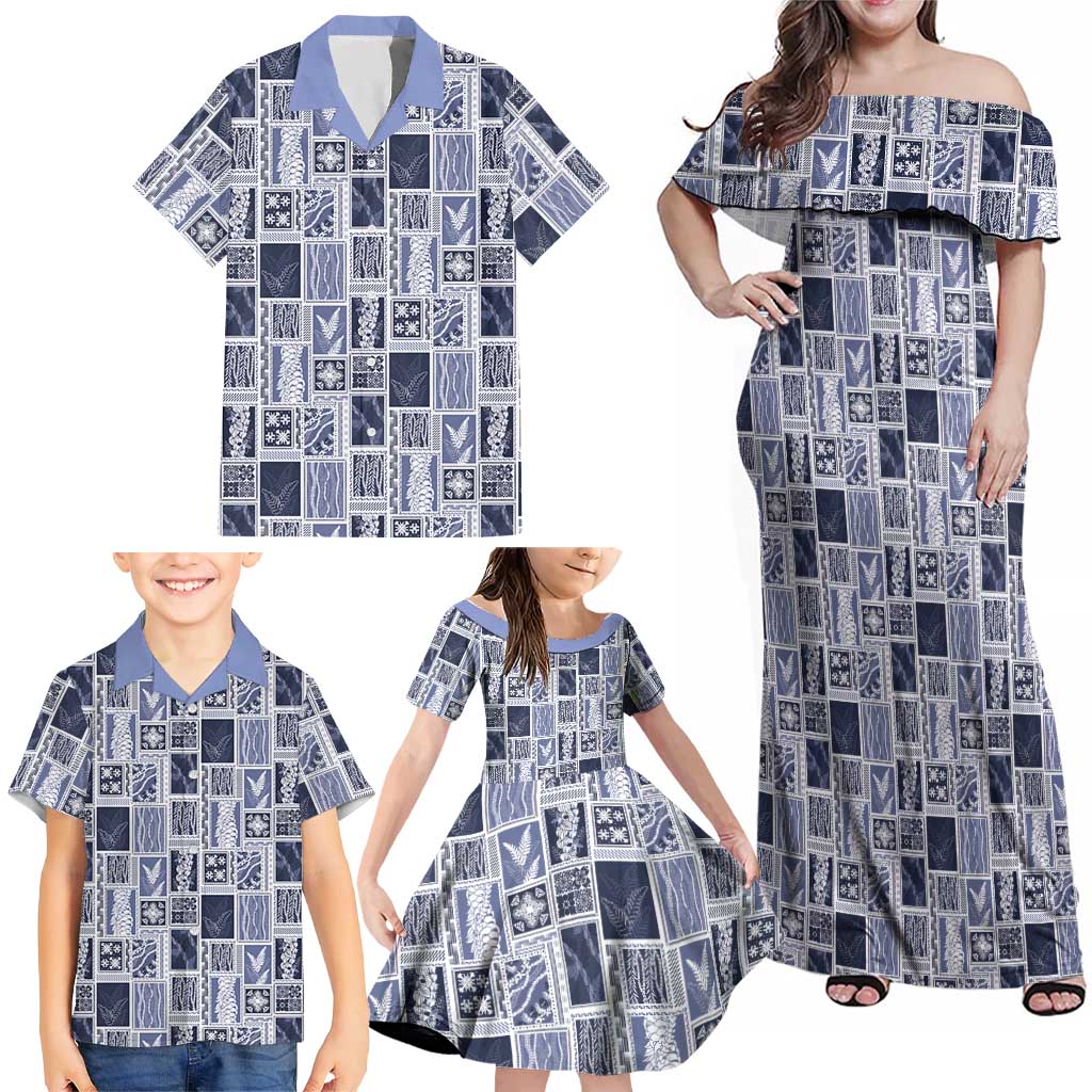 Vintage Aloha Block Quilt Family Matching Off Shoulder Maxi Dress and Hawaiian Shirt Blue Inspired Lei Motifs LT9 - Polynesian Pride