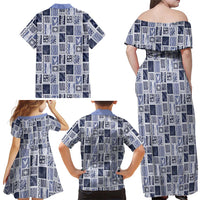 Vintage Aloha Block Quilt Family Matching Off Shoulder Maxi Dress and Hawaiian Shirt Blue Inspired Lei Motifs LT9 - Polynesian Pride