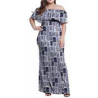 Vintage Aloha Block Quilt Family Matching Off Shoulder Maxi Dress and Hawaiian Shirt Blue Inspired Lei Motifs LT9 Mom's Dress Blue - Polynesian Pride