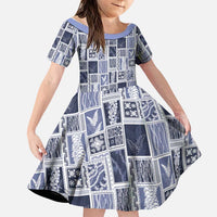 Vintage Aloha Block Quilt Family Matching Off Shoulder Short Dress and Hawaiian Shirt Blue Inspired Lei Motifs LT9 Daughter's Dress Blue - Polynesian Pride