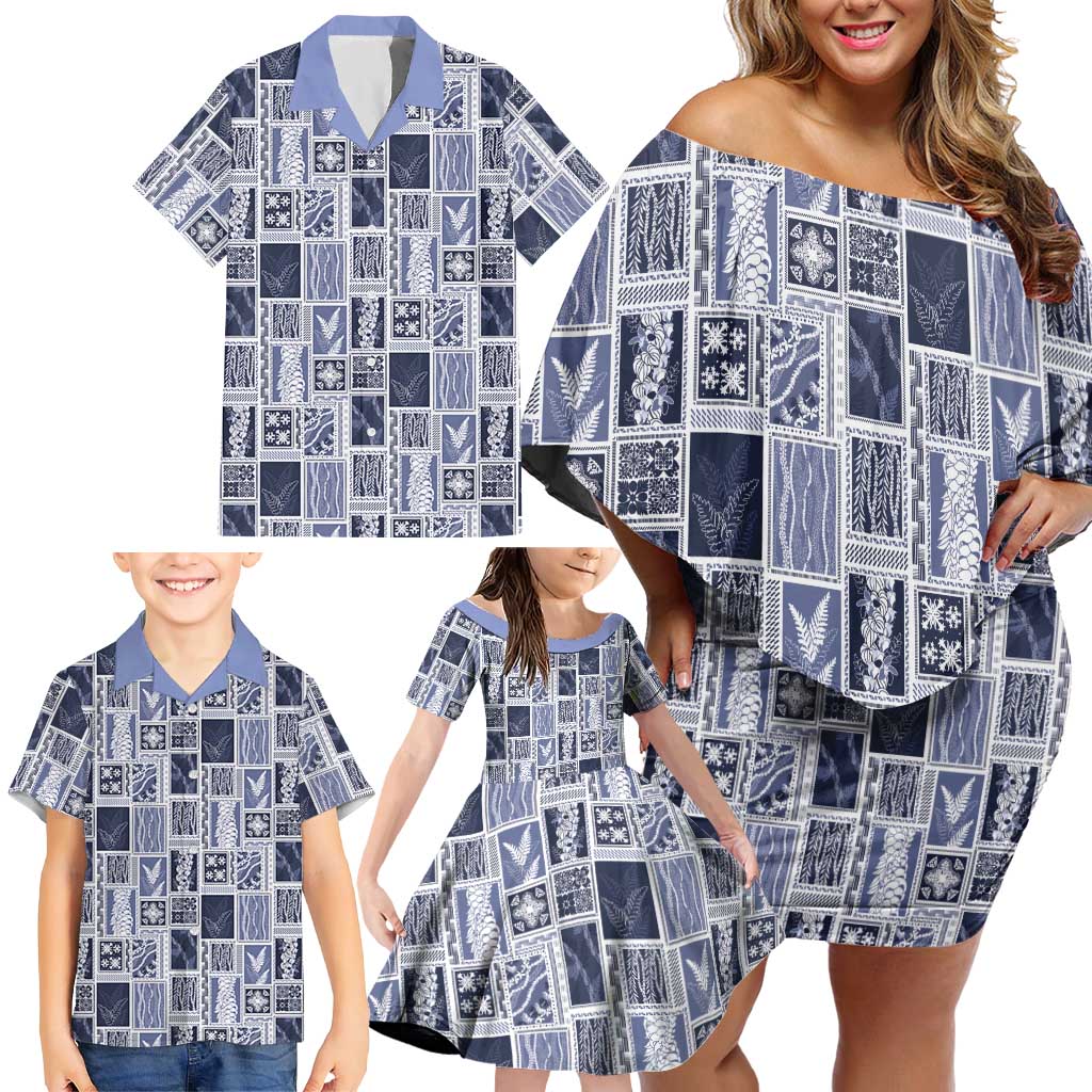 Vintage Aloha Block Quilt Family Matching Off Shoulder Short Dress and Hawaiian Shirt Blue Inspired Lei Motifs LT9 - Polynesian Pride