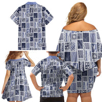 Vintage Aloha Block Quilt Family Matching Off Shoulder Short Dress and Hawaiian Shirt Blue Inspired Lei Motifs LT9 - Polynesian Pride