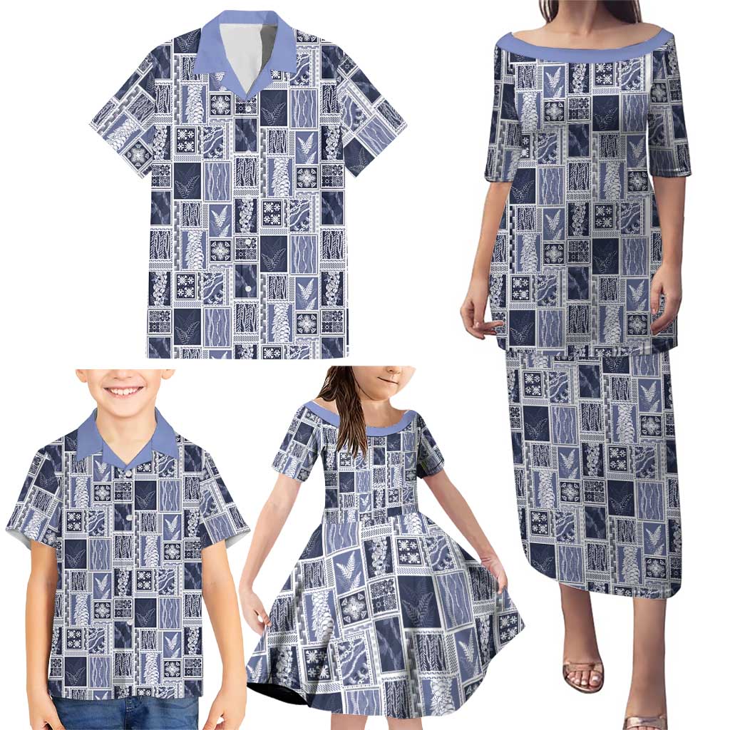 Vintage Aloha Block Quilt Family Matching Puletasi and Hawaiian Shirt Blue Inspired Lei Motifs LT9 - Polynesian Pride
