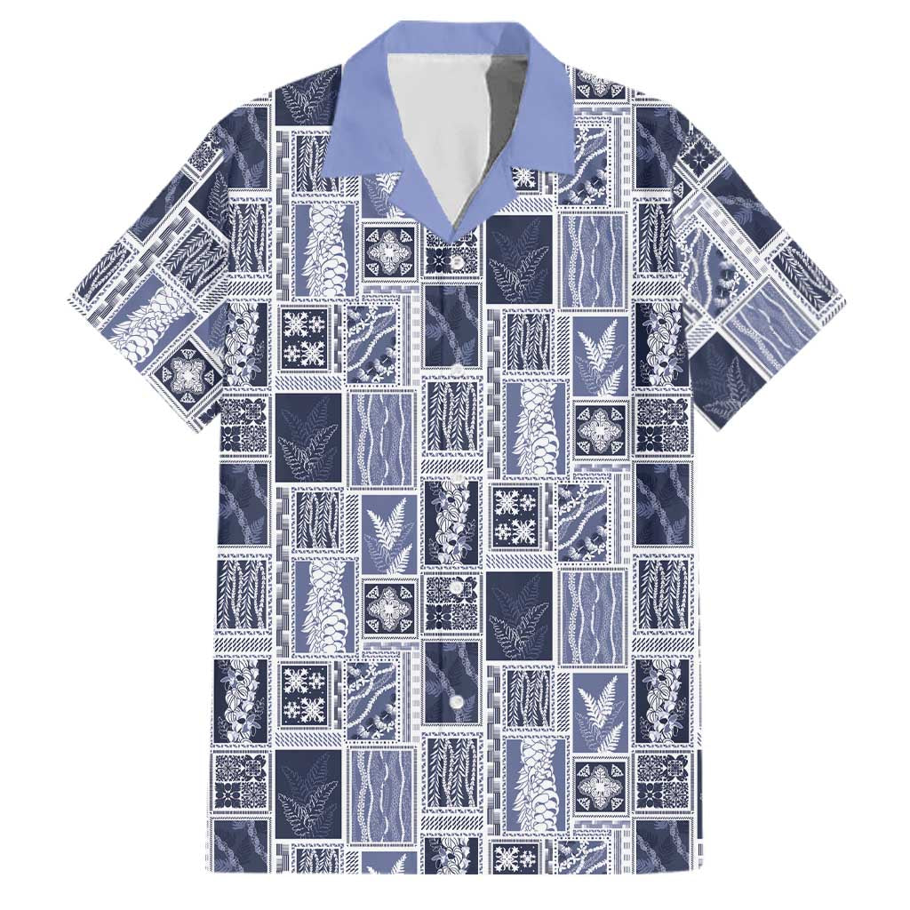 Vintage Aloha Block Quilt Family Matching Puletasi and Hawaiian Shirt Blue Inspired Lei Motifs LT9 Dad's Shirt - Short Sleeve Blue - Polynesian Pride