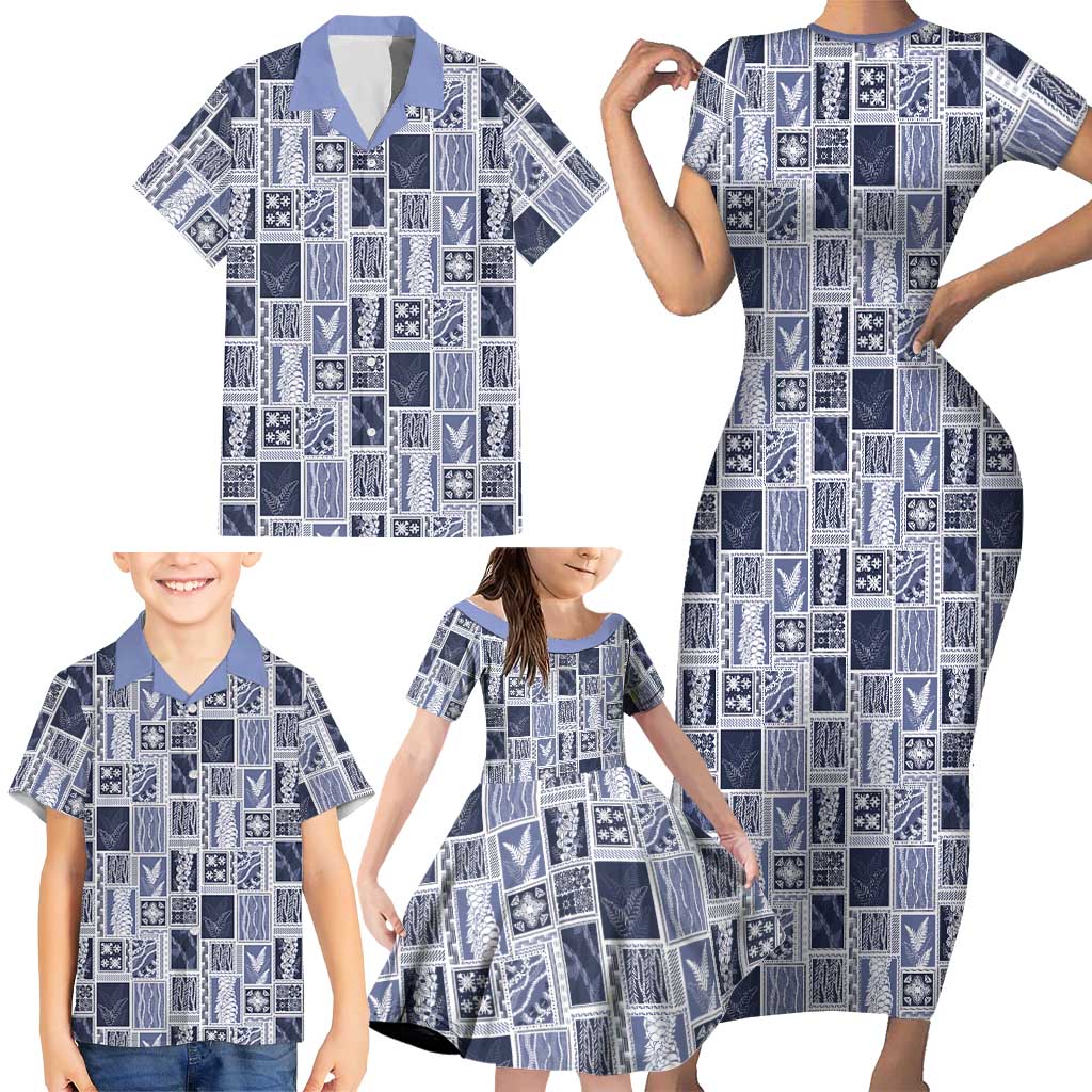 Vintage Aloha Block Quilt Family Matching Short Sleeve Bodycon Dress and Hawaiian Shirt Blue Inspired Lei Motifs LT9 - Polynesian Pride