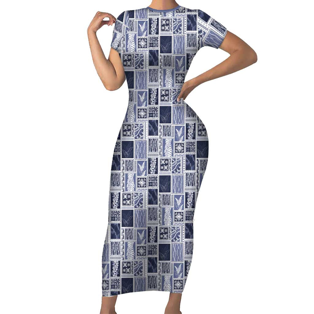 Vintage Aloha Block Quilt Family Matching Short Sleeve Bodycon Dress and Hawaiian Shirt Blue Inspired Lei Motifs LT9 Mom's Dress Blue - Polynesian Pride
