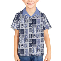Vintage Aloha Block Quilt Family Matching Short Sleeve Bodycon Dress and Hawaiian Shirt Blue Inspired Lei Motifs LT9 Son's Shirt Blue - Polynesian Pride