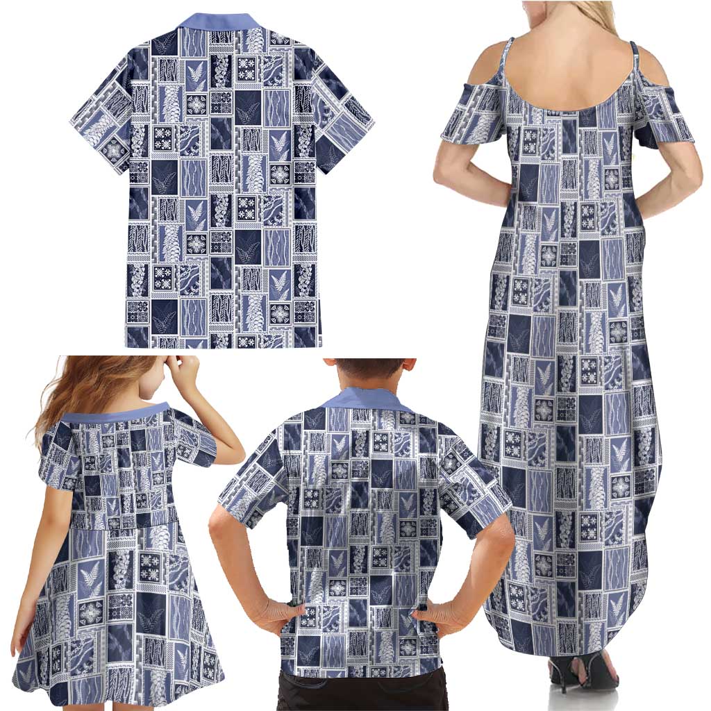 Vintage Aloha Block Quilt Family Matching Summer Maxi Dress and Hawaiian Shirt Blue Inspired Lei Motifs LT9 - Polynesian Pride