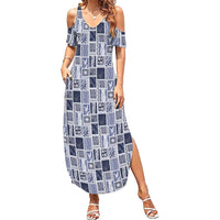 Vintage Aloha Block Quilt Family Matching Summer Maxi Dress and Hawaiian Shirt Blue Inspired Lei Motifs LT9 Mom's Dress Blue - Polynesian Pride