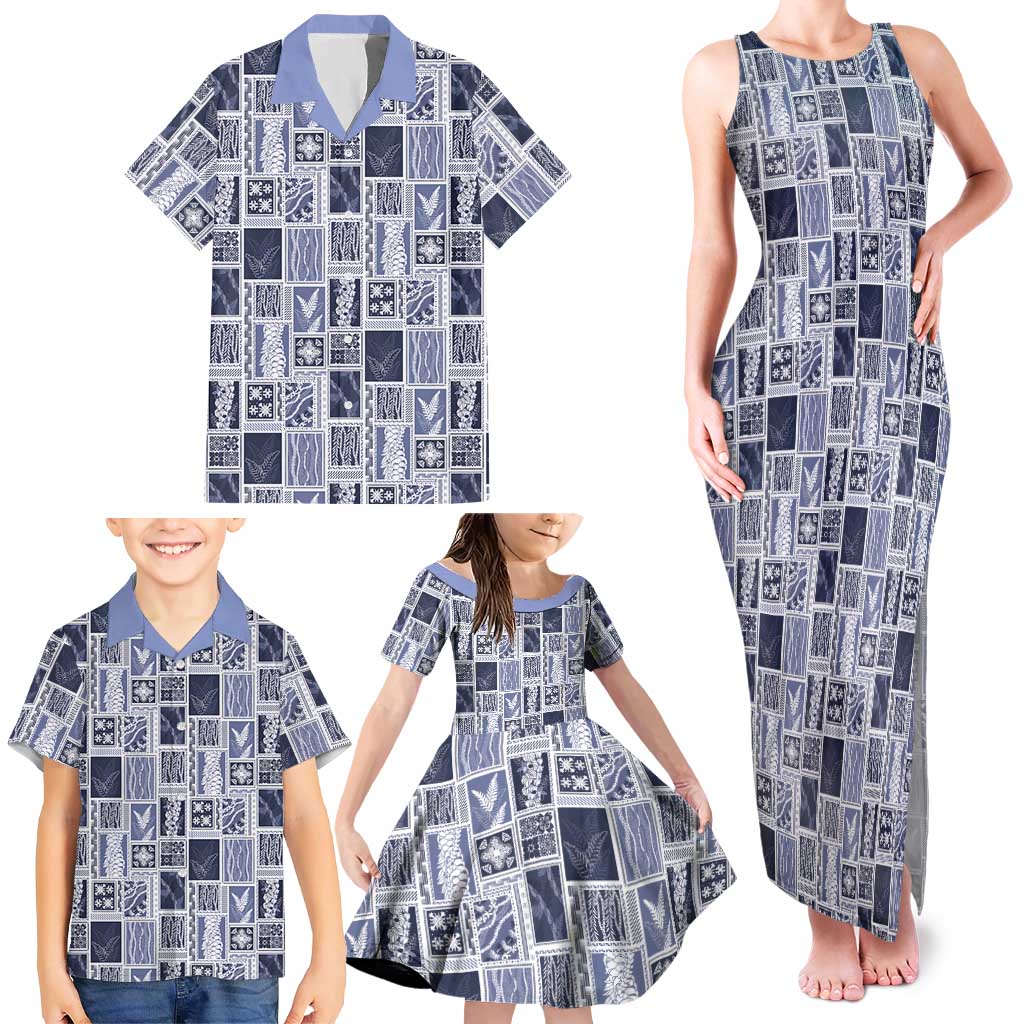 Vintage Aloha Block Quilt Family Matching Tank Maxi Dress and Hawaiian Shirt Blue Inspired Lei Motifs LT9 - Polynesian Pride