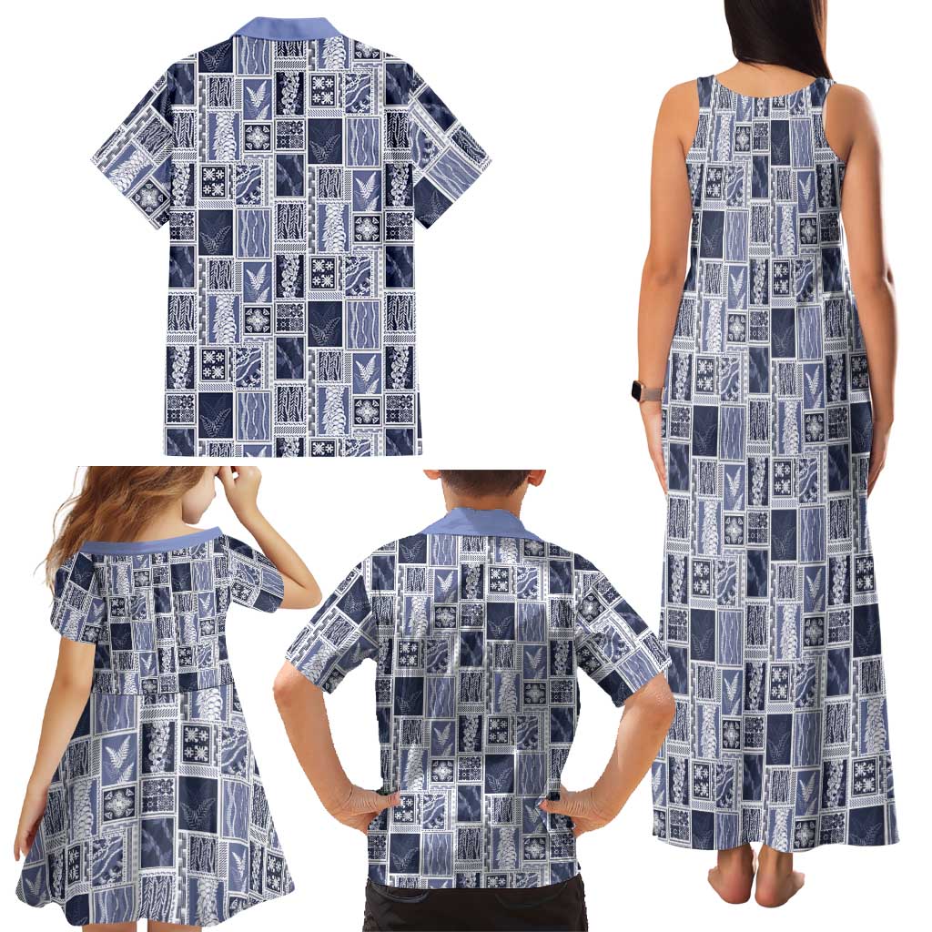 Vintage Aloha Block Quilt Family Matching Tank Maxi Dress and Hawaiian Shirt Blue Inspired Lei Motifs LT9 - Polynesian Pride