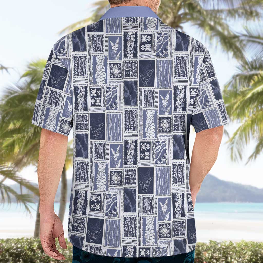Vintage Aloha Block Quilt Hawaiian Shirt Blue Inspired Lei Motifs - Polynesian Pride