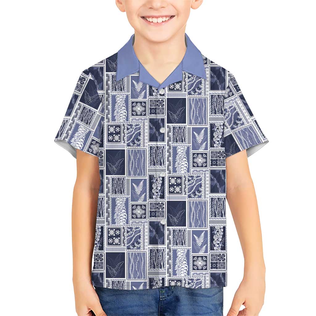 Vintage Aloha Block Quilt Hawaiian Shirt Blue Inspired Lei Motifs - Polynesian Pride