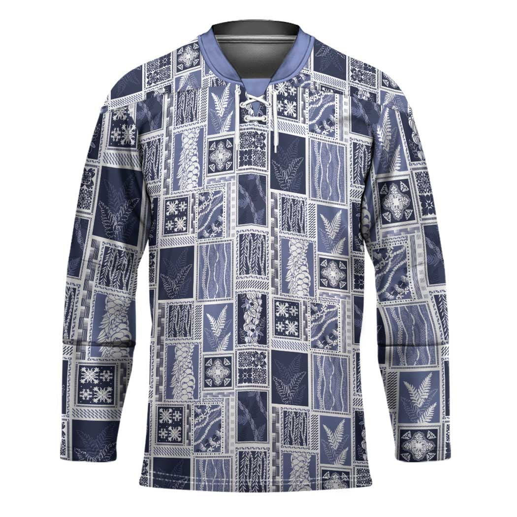 Vintage Aloha Block Quilt Hockey Jersey Blue Inspired Lei Motifs - Polynesian Pride