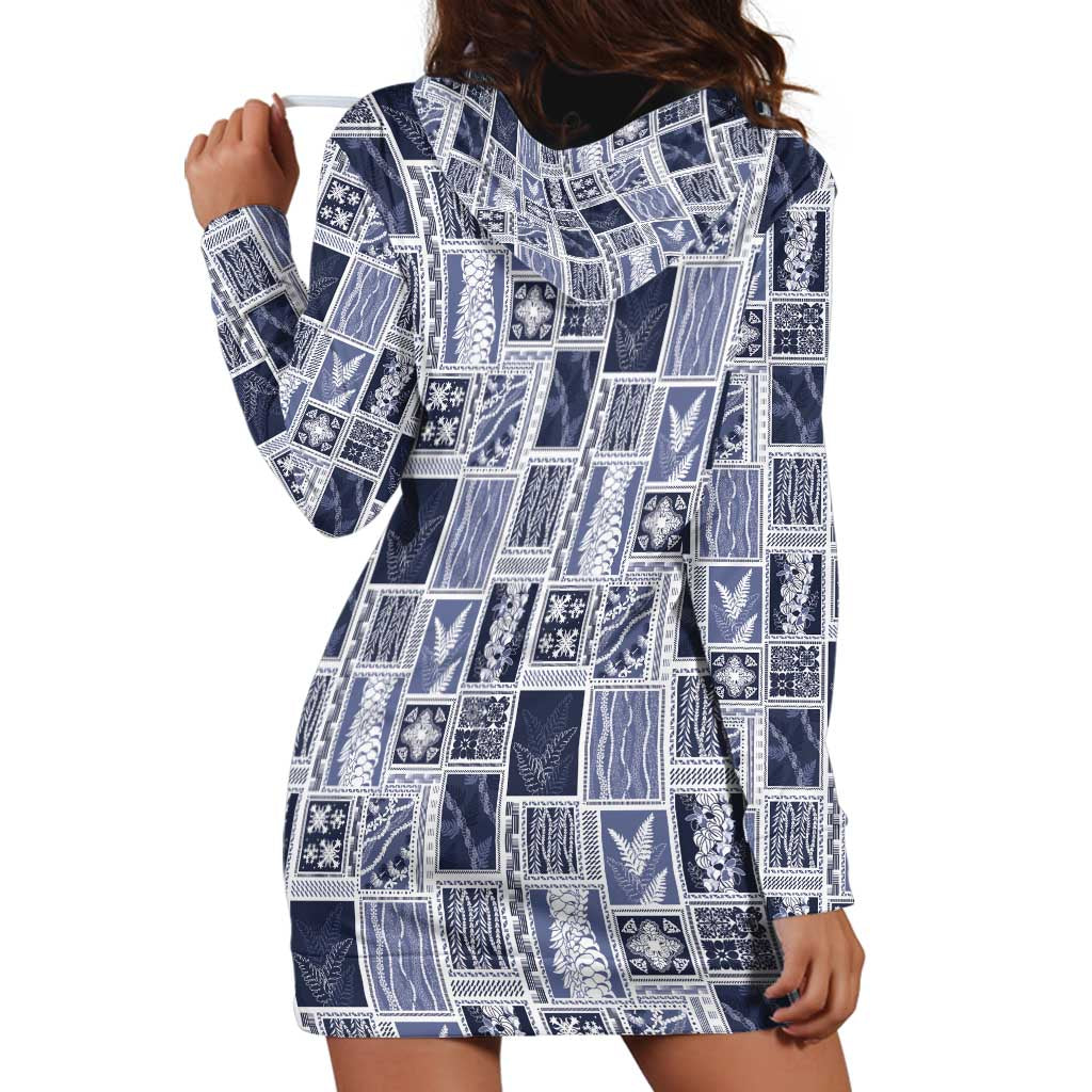 Vintage Aloha Block Quilt Hoodie Dress Blue Inspired Lei Motifs - Polynesian Pride