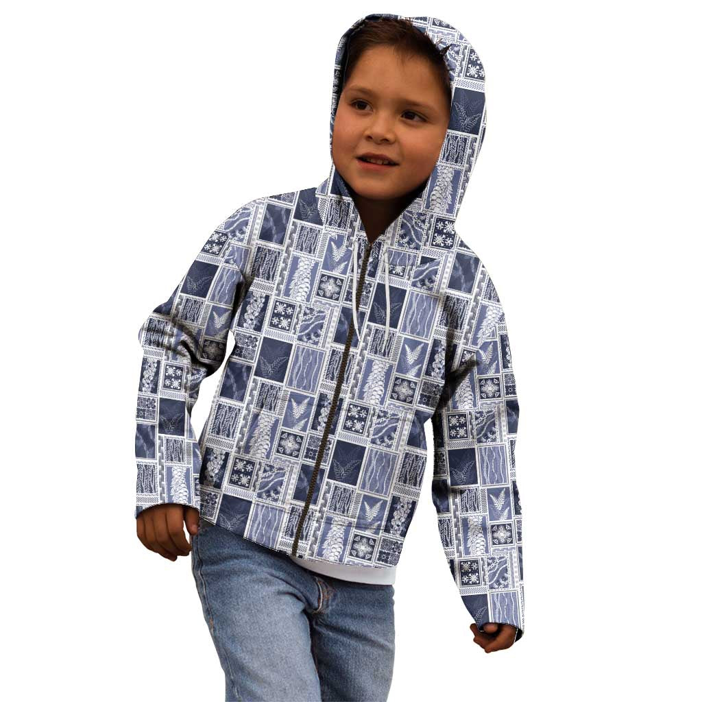 Vintage Aloha Block Quilt Kid Hoodie Blue Inspired Lei Motifs - Polynesian Pride