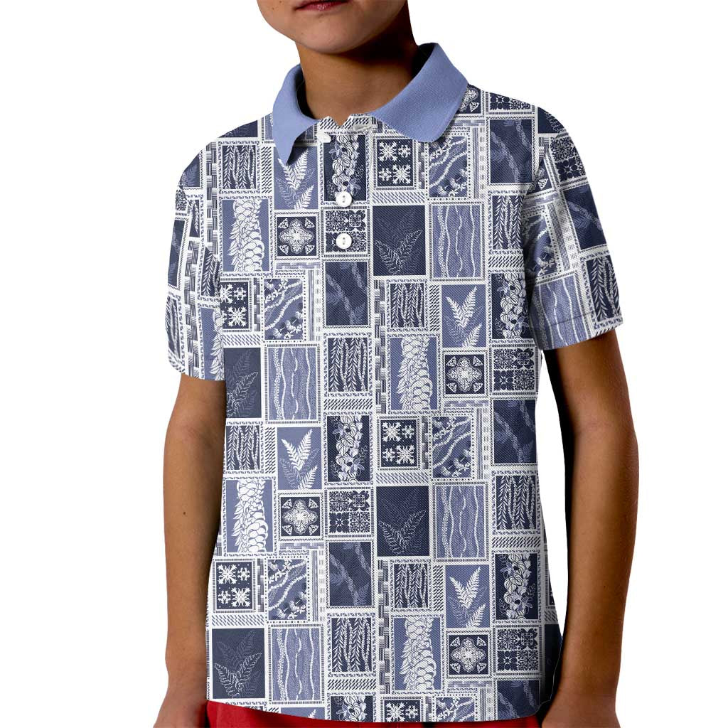 Vintage Aloha Block Quilt Kid Polo Shirt Blue Inspired Lei Motifs - Polynesian Pride