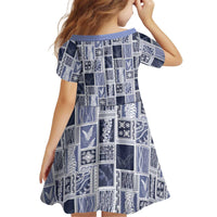 Vintage Aloha Block Quilt Kid Short Sleeve Dress Blue Inspired Lei Motifs - Polynesian Pride