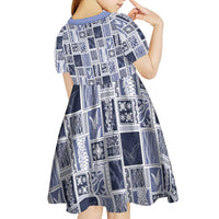 Vintage Aloha Block Quilt Kid Short Sleeve Dress Blue Inspired Lei Motifs - Polynesian Pride