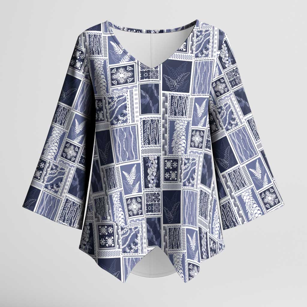 Vintage Aloha Block Quilt Kimono Sleeve Blouse Blue Inspired Lei Motifs - Polynesian Pride